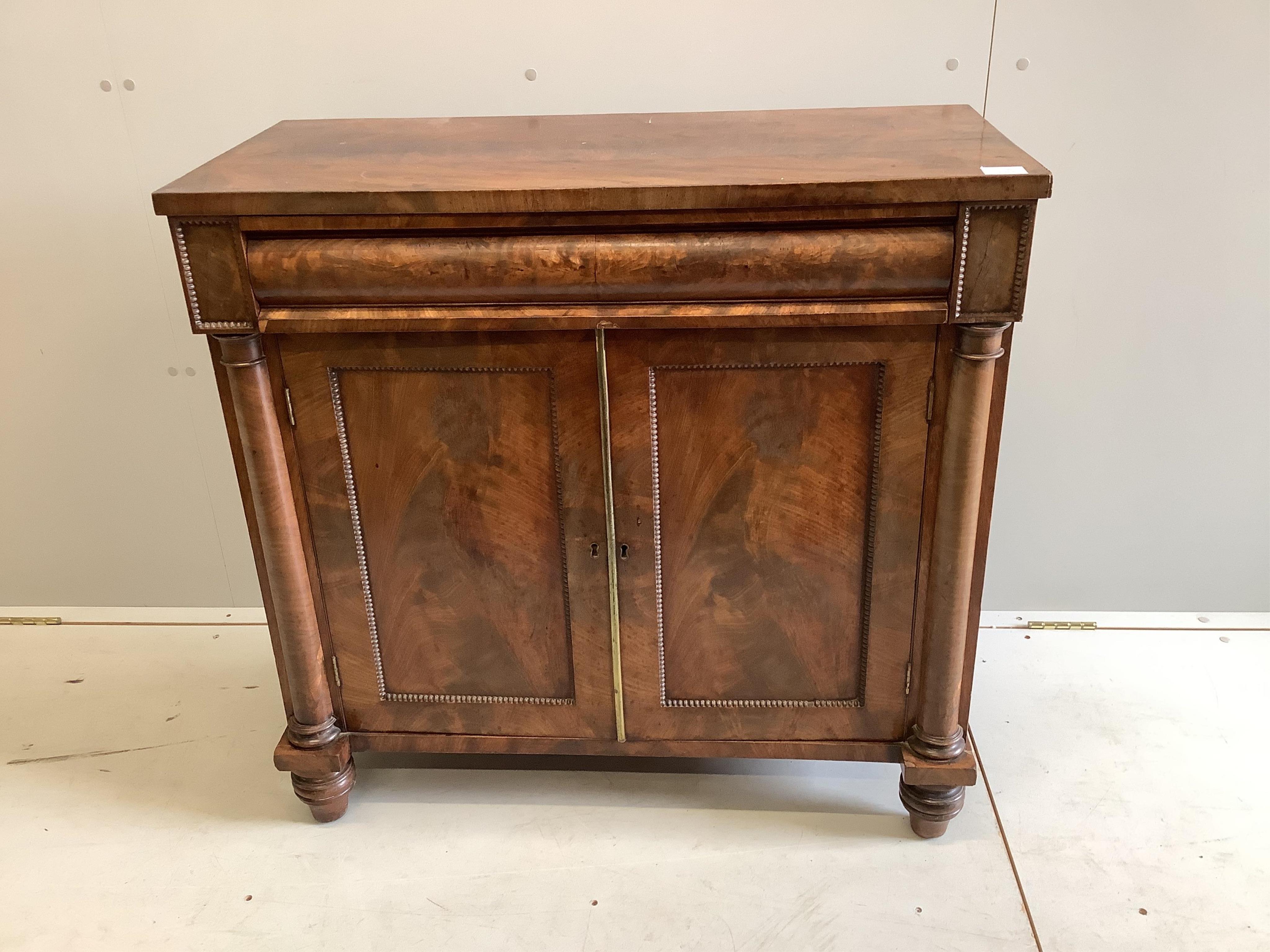 An early Victorian mahogany chiffonier, width 89cm, depth 41cm, height 86cm. Condition - fair